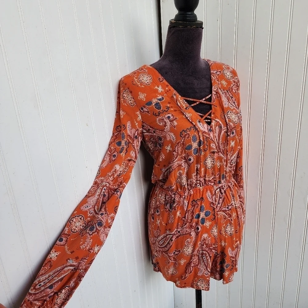 Abercrombie & Fitch Women's Paisley Romper Orange Long Sleeves Lace Up XS